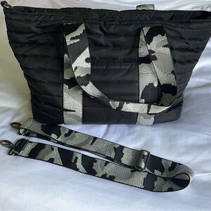 Think Royln Large Black Quilted Tote Bag with Camouflage Metallic Strap